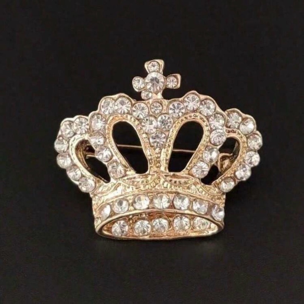 NWT Elegant Gold Crown Brooch with Crystals Unisex